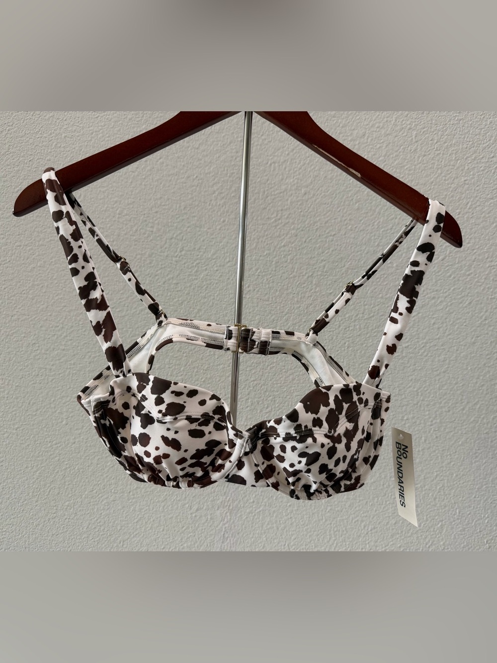 No Boundaries White and Brown Cow Print Bikini Top